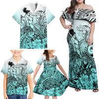 Beauty and The Warrior Polynesian Valentine Family Matching Off Shoulder Maxi Dress and Hawaiian Shirt Hibiscus FLowers Turquoise Style LT9 - Polynesian Pride