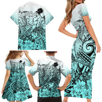Beauty and The Warrior Polynesian Valentine Family Matching Short Sleeve Bodycon Dress and Hawaiian Shirt Hibiscus FLowers Turquoise Style LT9 - Polynesian Pride
