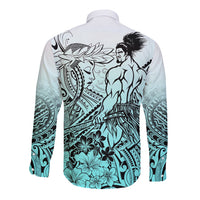 Beauty and The Warrior Polynesian Valentine Long Sleeve Button Shirt Hibiscus FLowers Turquoise Style LT9 - Polynesian Pride