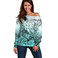 Beauty and The Warrior Polynesian Valentine Off Shoulder Sweater Hibiscus FLowers Turquoise Style LT9 Women Turquoise - Polynesian Pride