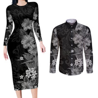 Hawaii Tropical Flowers Tribal Pattern Couples Matching Long Sleeve Bodycon Dress and Long Sleeve Button Shirt Black Style LT9 Black - Polynesian Pride