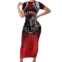 Aotearoa Bulldog Personalised Short Sleeve Bodycon Dress Maori Kowhaiwhai Motif LT9 Long Dress Red - Polynesian Pride