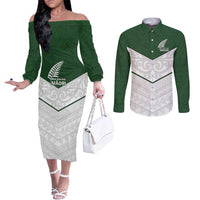 Custom New Zealand Maori Niho Taniwha Couples Matching Off The Shoulder Long Sleeve Dress and Long Sleeve Button Shirt