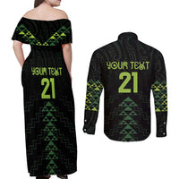 Custom New Zealand Maori Koru Koiri Motif Couples Matching Off Shoulder Maxi Dress and Long Sleeve Button Shirt
