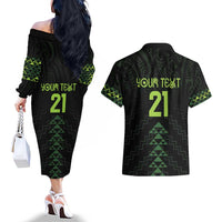 Custom New Zealand Maori Koru Koiri Motif Couples Matching Off The Shoulder Long Sleeve Dress and Hawaiian Shirt