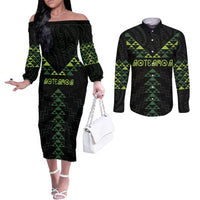 Custom New Zealand Maori Koru Koiri Motif Couples Matching Off The Shoulder Long Sleeve Dress and Long Sleeve Button Shirt