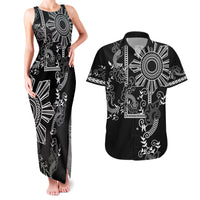 Filipino Sun Tribal Tattoo Couples Matching Tank Maxi Dress and Hawaiian Shirt Philippines Inspired Barong Simple Black