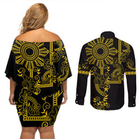 Filipino Sun Tribal Tattoo Couples Matching Off Shoulder Short Dress and Long Sleeve Button Shirt Philippines Inspired Barong Simple Gold