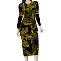 Filipino Sun Tribal Tattoo Long Sleeve Bodycon Dress Philippines Inspired Barong Simple Gold