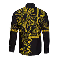Filipino Sun Tribal Tattoo Long Sleeve Button Shirt Philippines Inspired Barong Simple Gold