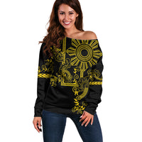 Filipino Sun Tribal Tattoo Off Shoulder Sweater Philippines Inspired Barong Simple Gold LT9 Women Gold - Polynesian Pride