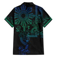 Filipino Sun Tribal Tattoo Family Matching Off The Shoulder Long Sleeve Dress and Hawaiian Shirt Philippines Inspired Barong Blue Art