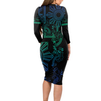 Filipino Sun Tribal Tattoo Long Sleeve Bodycon Dress Philippines Inspired Barong Blue Art