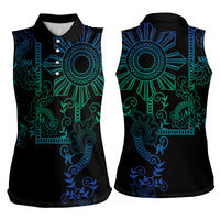 Filipino Sun Tribal Tattoo Women Sleeveless Polo Shirt Philippines Inspired Barong Blue Art