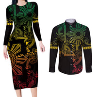 Filipino Sun Tribal Tattoo Couples Matching Long Sleeve Bodycon Dress and Long Sleeve Button Shirt Philippines Inspired Barong Reggae Art