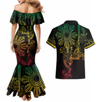 Filipino Sun Tribal Tattoo Couples Matching Mermaid Dress and Hawaiian Shirt Philippines Inspired Barong Reggae Art