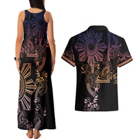 Filipino Sun Tribal Tattoo Couples Matching Tank Maxi Dress and Hawaiian Shirt Philippines Inspired Barong Pink Art
