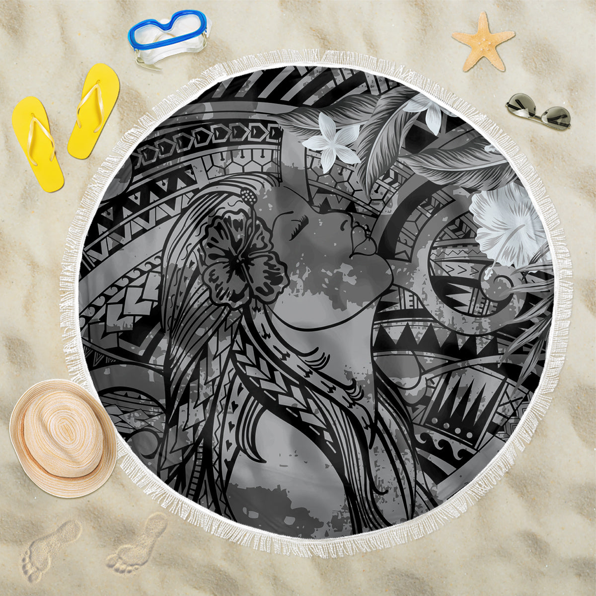Pacific Beauty Girl Beach Blanket Black Polyneisan Tribal Vintage Motif