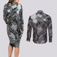 Pacific Beauty Girl Couples Matching Long Sleeve Bodycon Dress and Long Sleeve Button Shirt Black Polyneisan Tribal Vintage Motif