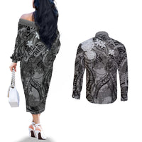 Pacific Beauty Girl Couples Matching Off The Shoulder Long Sleeve Dress and Long Sleeve Button Shirt Black Polyneisan Tribal Vintage Motif