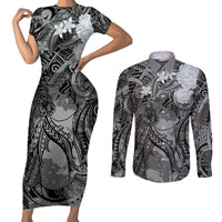 Pacific Beauty Girl Couples Matching Short Sleeve Bodycon Dress and Long Sleeve Button Shirt Black Polyneisan Tribal Vintage Motif