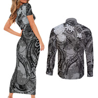 Pacific Beauty Girl Couples Matching Short Sleeve Bodycon Dress and Long Sleeve Button Shirt Black Polyneisan Tribal Vintage Motif