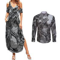 Pacific Beauty Girl Couples Matching Summer Maxi Dress and Long Sleeve Button Shirt Black Polyneisan Tribal Vintage Motif