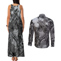 Pacific Beauty Girl Couples Matching Tank Maxi Dress and Long Sleeve Button Shirt Black Polyneisan Tribal Vintage Motif