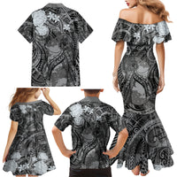 Pacific Beauty Girl Family Matching Mermaid Dress and Hawaiian Shirt Black Polyneisan Tribal Vintage Motif