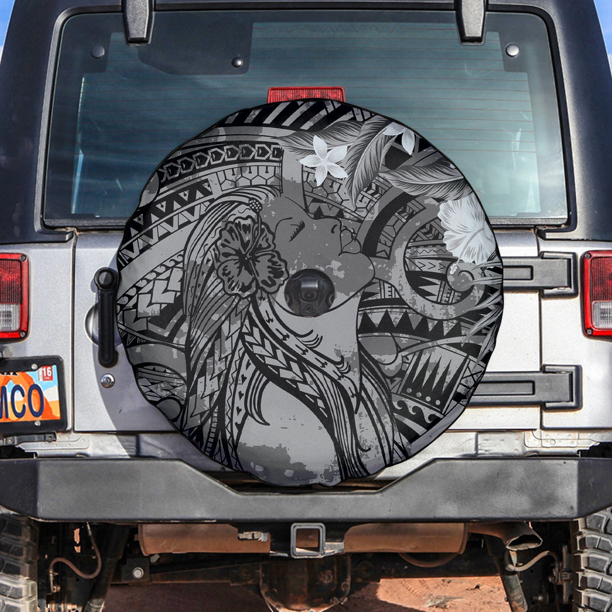 Pacific Beauty Girl Spare Tire Cover Black Polyneisan Tribal Vintage Motif