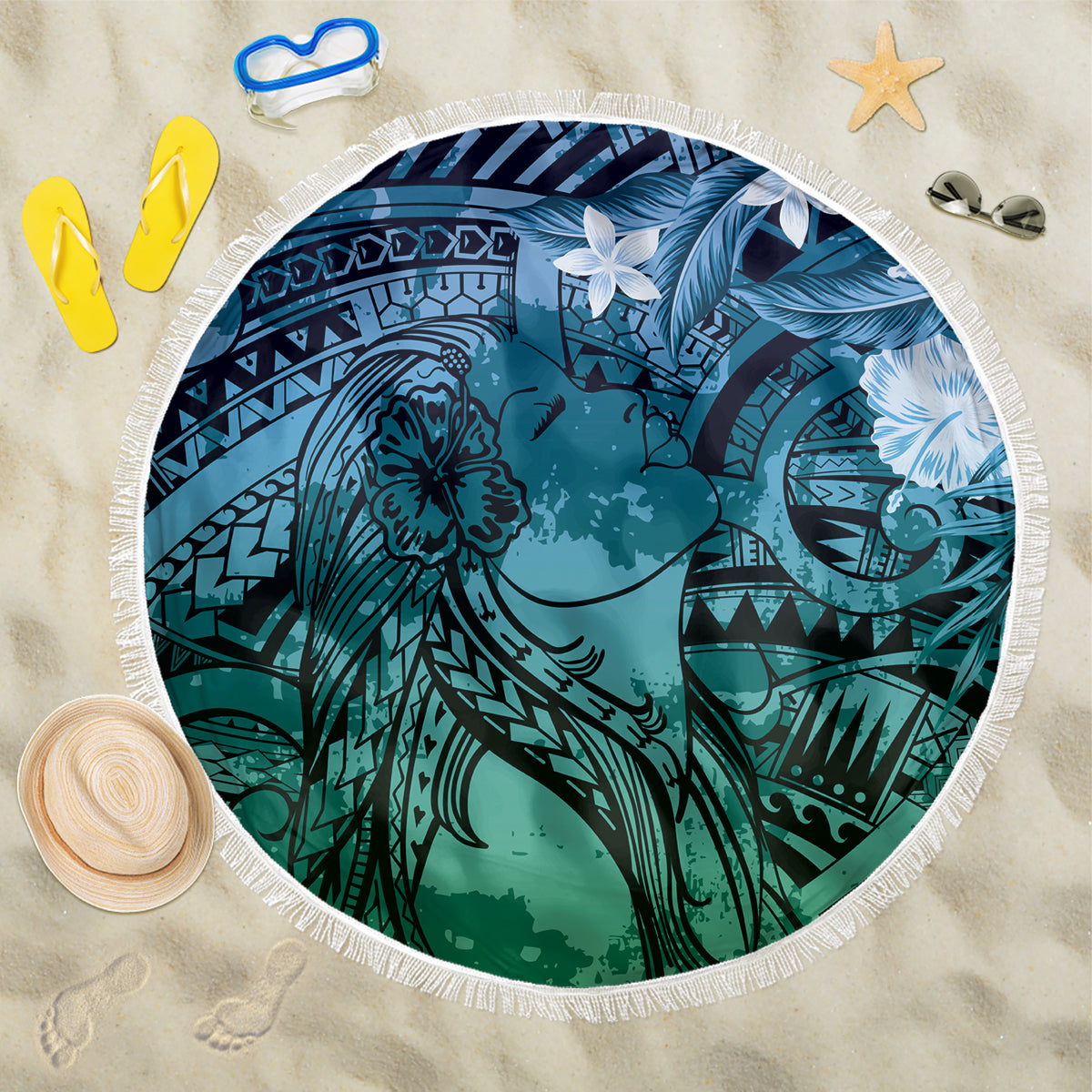 Pacific Beauty Girl Beach Blanket Blue Polyneisan Tribal Vintage Motif