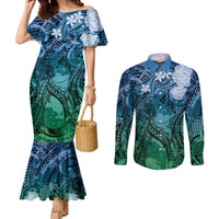 Pacific Beauty Girl Couples Matching Mermaid Dress and Long Sleeve Button Shirt Blue Polyneisan Tribal Vintage Motif LT9 Blue - Polynesian Pride