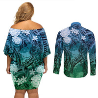 Pacific Beauty Girl Couples Matching Off Shoulder Short Dress and Long Sleeve Button Shirt Blue Polyneisan Tribal Vintage Motif