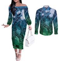 Pacific Beauty Girl Couples Matching Off The Shoulder Long Sleeve Dress and Long Sleeve Button Shirt Blue Polyneisan Tribal Vintage Motif