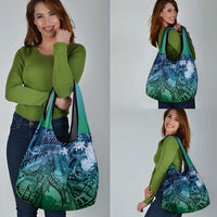 Pacific Beauty Girl Grocery Bag Blue Polyneisan Tribal Vintage Motif