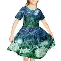 Pacific Beauty Girl Kid Short Sleeve Dress Blue Polyneisan Tribal Vintage Motif