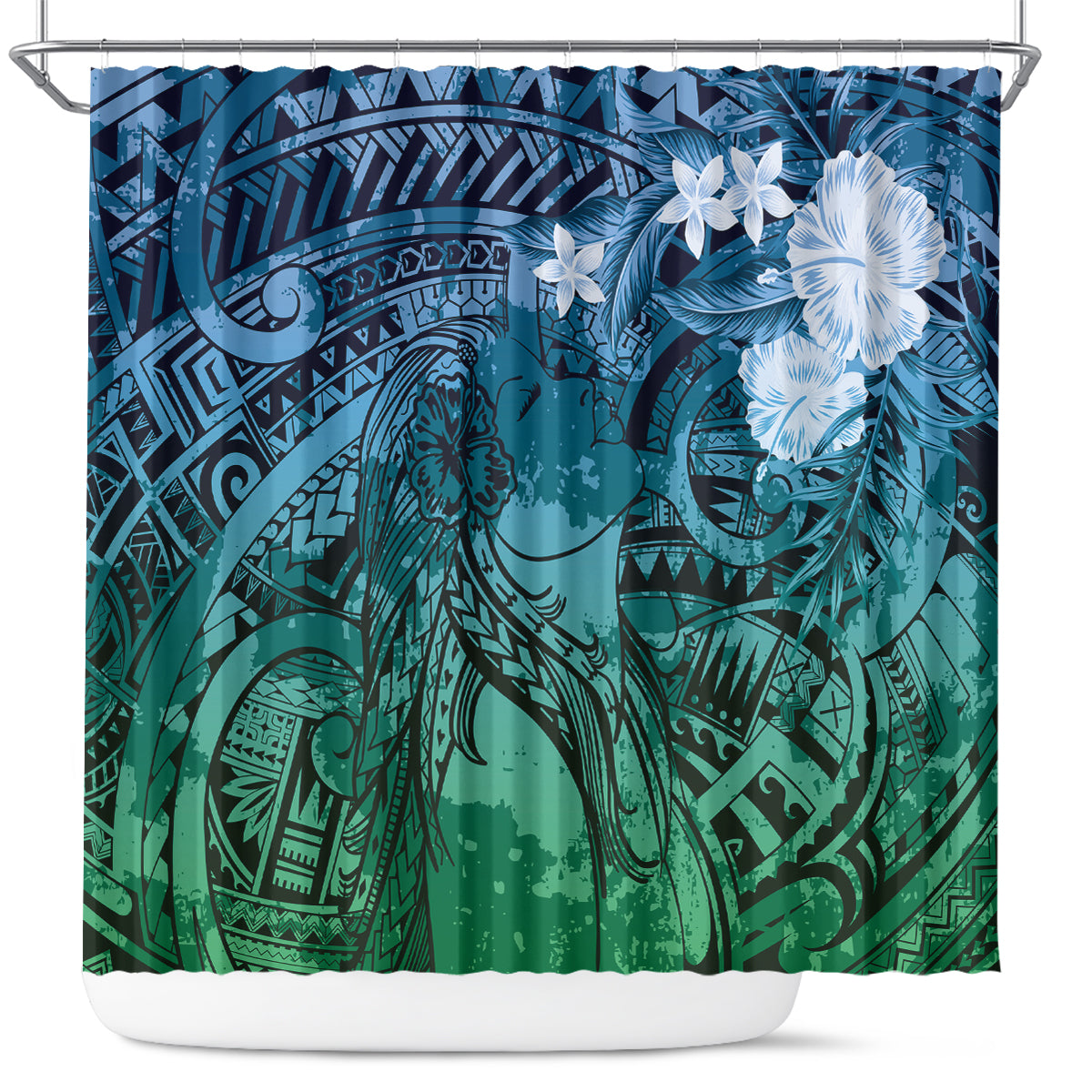 Pacific Beauty Girl Shower Curtain Blue Polyneisan Tribal Vintage Motif