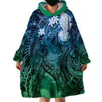 Pacific Beauty Girl Wearable Blanket Hoodie Blue Polyneisan Tribal Vintage Motif