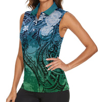Pacific Beauty Girl Women Sleeveless Polo Shirt Blue Polyneisan Tribal Vintage Motif