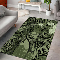 Pacific Beauty Girl Area Rug Green Polyneisan Tribal Vintage Motif