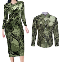 Pacific Beauty Girl Couples Matching Long Sleeve Bodycon Dress and Long Sleeve Button Shirt Green Polyneisan Tribal Vintage Motif