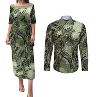 Pacific Beauty Girl Couples Matching Puletasi and Long Sleeve Button Shirt Green Polyneisan Tribal Vintage Motif