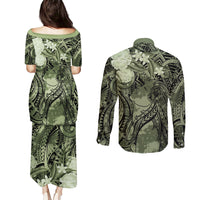 Pacific Beauty Girl Couples Matching Puletasi and Long Sleeve Button Shirt Green Polyneisan Tribal Vintage Motif