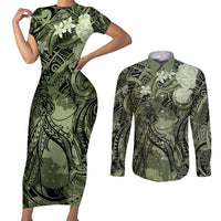 Pacific Beauty Girl Couples Matching Short Sleeve Bodycon Dress and Long Sleeve Button Shirt Green Polyneisan Tribal Vintage Motif