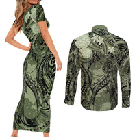 Pacific Beauty Girl Couples Matching Short Sleeve Bodycon Dress and Long Sleeve Button Shirt Green Polyneisan Tribal Vintage Motif
