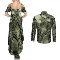Pacific Beauty Girl Couples Matching Summer Maxi Dress and Long Sleeve Button Shirt Green Polyneisan Tribal Vintage Motif