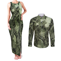 Pacific Beauty Girl Couples Matching Tank Maxi Dress and Long Sleeve Button Shirt Green Polyneisan Tribal Vintage Motif