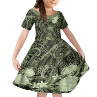 Pacific Beauty Girl Kid Short Sleeve Dress Green Polyneisan Tribal Vintage Motif