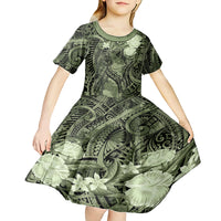Pacific Beauty Girl Kid Short Sleeve Dress Green Polyneisan Tribal Vintage Motif