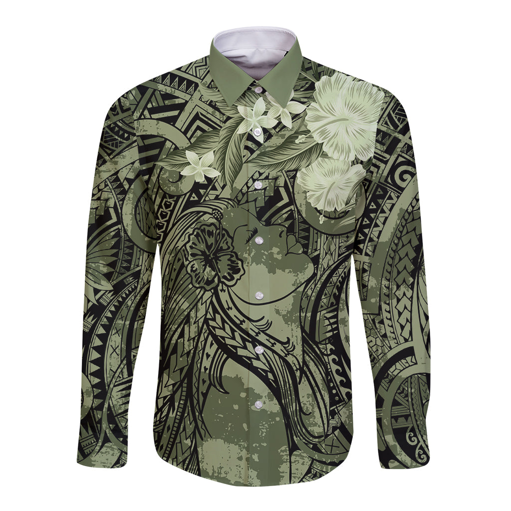 Pacific Beauty Girl Long Sleeve Button Shirt Green Polyneisan Tribal Vintage Motif